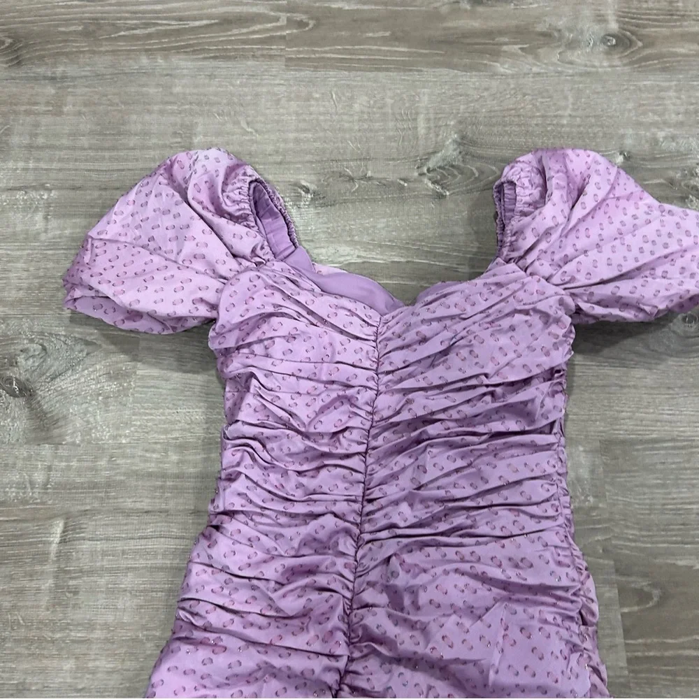 HUTCH x Anthropologie Wren Mini Dress Lilac Ruched Off the Shoulder Dress - Picture 7 of 12
